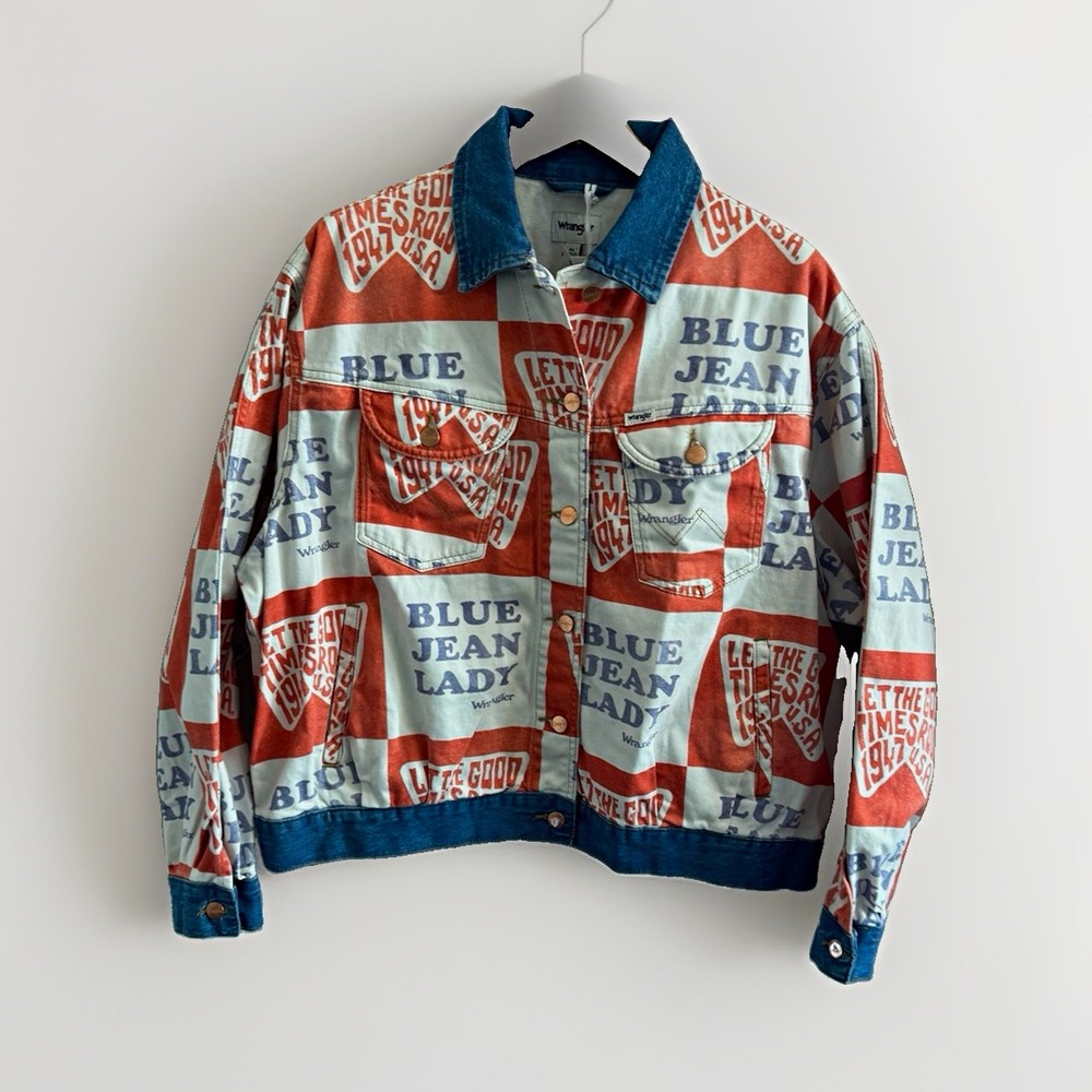 Wrangler Women's XL Graphic Print Denim Jacket Red White Blue Jean Lady
